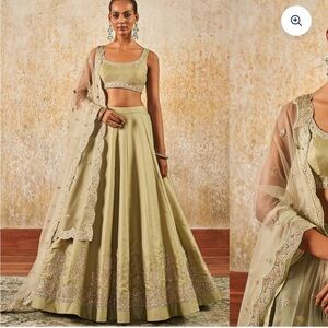 Olive Green Embroidered Lehenga Set with Sheer Dupatta
